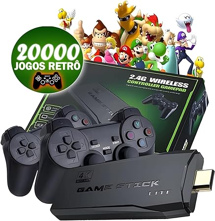 GAME RETRÔ STICK 4K, ORIGINAL, VERSÃO ATUALIZADA, 20 MIL JOGOS, COM 2 CONTROLES SEM FIO